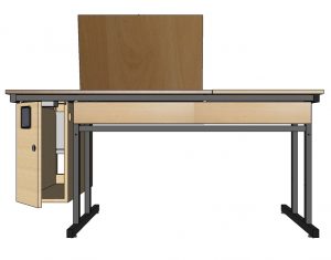 Der Lehrertisch ist eine Kombination von Schultisch mit verlängerter Tischplatte.