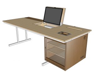 Der Lehrertisch ist eine Kombination von Schultisch mit verlängerter Tischplatte.